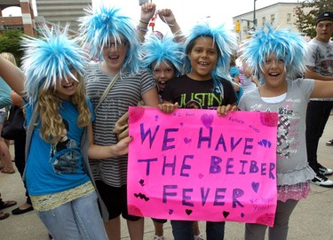 Sierra Walpole centre of Woodstock celebrated her 10th birthday party with friends at the Justin Bieber concert.  Shown from left are, Maddy Major 13, Shalyn Simpson 12, Brooklyn O'Bright 10, Sierra Walpole and Sheridan Simpson 10 right.   The girls wore blue wigs as it is Bieber's favourite color.  SUE REEVE The London Free Press