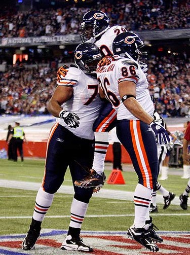 Chicago's Chester Taylor celebrates his touchdown. The Buffalo Bills and the Chicago Bears played an NFL game at the Rogers Centre in Toronto on Nov. 7, 2010. The Bears won 22-19. (CRAIG ROBERTSON, Toronto Sun)