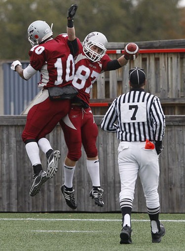 Nov 6/2010 The Ottawa Gee-Gees took on the Wilfrid Laurier Golden Hawks during the OUA semi-final at Frank Clair Stadium Sunday afternoon. Ottawa Gee Gees celebrate a touchdown during first half Sunday.   Tony Caldwell/Ottawa Sun