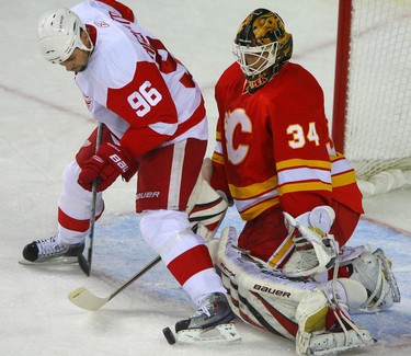 Tomas Holmstrom battles in front of Miikka KIprusoff during NHL action between the Detroit Red Wings and the Calgary Flames in Calgary November 3, 2010 at the Scotiabank Saddledome.
JIM WELLS / CALGARY SUN/ QMI AGENCY