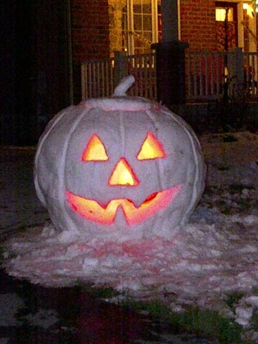 The Cheer family in Kanata put together a last-minute Halloween pumpkin from the snowfall Saturday night. The, on Halloween night, they lit it brightly. The photos were submitted by Trever Eggleton.