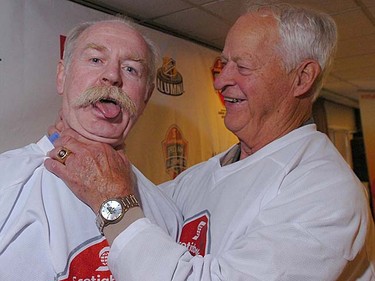 Hockey legend Lanny McDonald (left), seen here with Mr. Hockey Gordie Howe, still sports his trademark moustache even in retirement. (QMI Agency/Stuart Dryden)