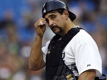While Sal Fasano was with the Blue Jays for a short time, fans took an immediate liking to the catcher because of his moustache. (REUTERS/Mike Cassese)