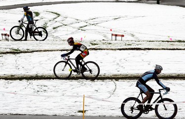 A day after Ottawa's first snowfall of the year, a bunch sadistic cyclists decided it was a great time to ride during the Ottawa Bicycle Club Eastern Ontario Cyclocross race in Kanata's Walter Baker Park Sunday, October 31, 2010. (Darren Brown/Ottawa Sun)