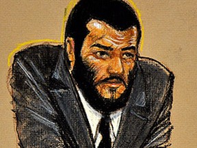 In this pentagon-approved photograph of a sketch by artist Janet Hamlin, Canadian detainee Omar Khadr looks on during his commissions trial in Guantanamo Bay, Cuba on October 27, 2010.