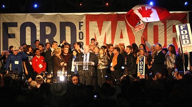 Rob Ford gives his victory speech to supporters after winning the mayor's race in Toronto on Oct. 25, 2010. (MIKE PEAKE, Toronto Sun)