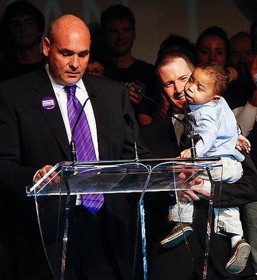 With his family by his side, defeated mayoral candidate George Smitherman concedes to Rob Ford on Oct. 25, 2010. (JACK BOLAND, Toronto Sun)