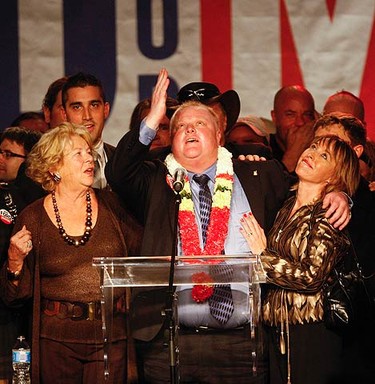 Mayor-elect Rob Ford salutes his late father while giving his victory speech in Toronto on Oct. 25, 2010. (MIKE PEAKE, Toronto Sun)