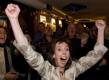 Mary-Margaret McMahon celebrates at her headquarters after defeating incumbent Sandra Bussin in Ward 32. (STAN BEHAL, Toronto Sun)