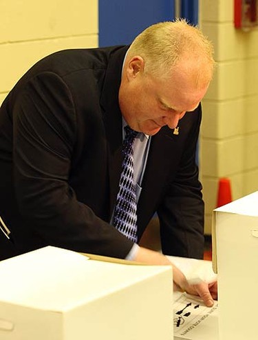 Mayor-elect Rob Ford casts his vote on Oct. 25, 2010. (MIKE PEAKE, Toronto Sun)