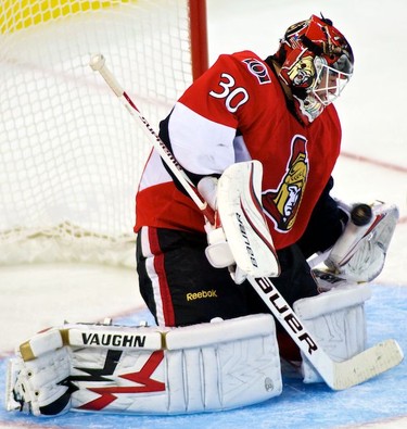 Ottawa Senators goaltender Brian Elliott makes a save against the Carolina Hurricanes  during third period action at Scotiabank Place. Elliott had to come into the game after starter Pascal Leclaire left the game with an injury in the first period. October 14,2010 (Errol McGihon/The Ottawa Sun)