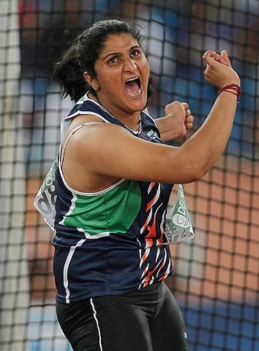 India's Seema Antil reacts after her throw in the women's discus finals at the Commonwealth Games in New Delhi on Oct. 11, 2010. (REUTERS)