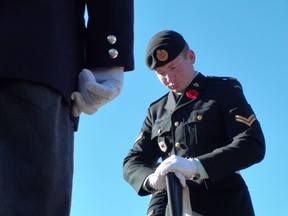A guard stands motionless during a Remembrance Day ceremony in Orleans, Ont., on Thursday, Nov. 11, 2010. (TONY SPEARS/QMI Agency)