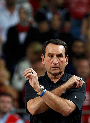 Mike Krzyzewski head coach of U.S. gestures during their FIBA Basketball World Championship final game against Turkey in Istanbul, September 12, 2010.    REUTERS/Mark Blinch (TURKEY  - Tags: SPORT BASKETBALL)