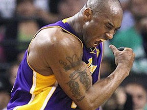 Los Angeles Lakers' Kobe Bryant celebrates after scoring against the Boston Celtics during Game 3 of the 2010 NBA Finals basketball series in Boston, Massachusetts. (Reuters)