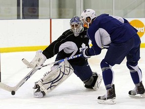 The Leafs' Jonas Gustavsson returned to the ice in an optional skate for the team this morning. (Michael Peake/Toronto Sun)