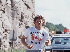 Terry Fox runs his Marathon of Hope. At the time, few Canadians had heard of Fox. But that simple gesture marked the baptism of a national hero.  (SUN MEDIA FILES)