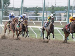 Horses at Assiniboine Downs compete during a race in this file photo. The Manitoba Jockey Club has taken the province to court. (C. Procaylo/SUN MEDIA)