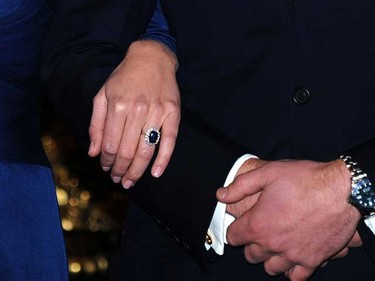 Sapphire and other gemstone and diamond rings, like the one Prince William gave Kate, will add a touch of colour to future brides' fingers.  (Zak Hussein/WENN.COM)