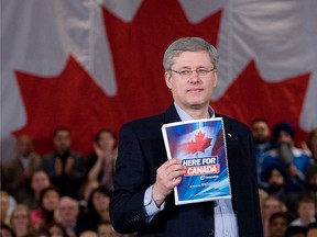 Prime Minister Stephen Harper unveils Conservative Party platform at the rally in Mississauga Convention Centre April 8, 2011. (Alex Urosevic/Toronto Sun/QMI Agency)