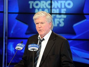 Brian Burke, President and GM of the Maple Leafs, gives his end of year speach at the Air Canada Centre on April 12, 2011. (QMI Agency/Michael Peake)