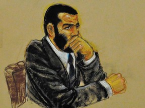 In this Pentagon-approved photograph of a sketch by artist Janet Hamlin, Omar Khadr, listens to closing arguments at his trial Oct. 30, 2010.