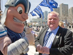 Mayor Rob ford and the Toronto Argonauts Mascot. (DAVE THOMAS/Toronto Sun files)