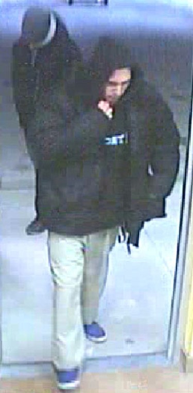 On April 5, 2011 at approximately 9:51 p.m., two males entered a gas station located at 1919 St. Mary's Road and robbed it. One of the suspects was described as an aboriginal male, 20-25 years old. He has a medium build and was wearing a black spring jacket with a blue hoodie with writing on the front. Once in the store, the suspect covered his face with a red bandana and armed himself with a knife. The suspects fled the location after obtaining money. (HANDOUT)