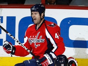 Washington Capitals' Jason Arnott celebrates his goal with teammate Marco Sturm against the New York Rangers during the second period of Game 2 of their NHL Eastern Conference quarter-final hockey series in Washington, April 15, 2011.      (REUTERS/Jim Young)