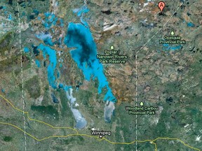 Red Sucker Lake is about 350 air km northeast of Winnipeg.  (Google Maps)