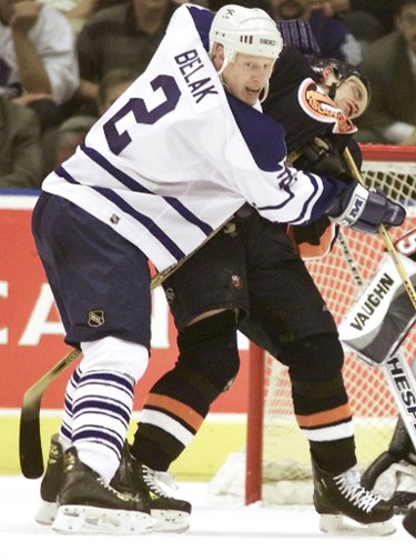 In this 2002 file photo, Wade Belak stands his ground in front of the Leafs net. (SUN MEDIA FILES)