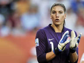 Team USA goalkeeper Hope Solo gestures during a match against Korea PRK  at the women's World Cup in Germany, June 28, 2011. (ROBERT MICHAEL/AFP)