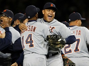 The Tigers celebrate their defeat of the Yankees in Game 5 of their American League Division Series at Yankee Stadium in New York, N.Y., Oct. 6, 2011. (JESSICA RINALDI/Reuters)