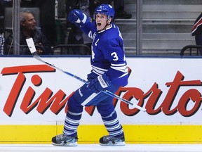 Leafs captain Dion Phaneuf celebrates his goal against the Montreal Canadiens Thursday night at the ACC. (REUTERS)
