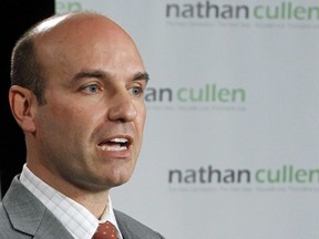 NDP leadership candidate Nathan Cullen talks to members of the media during a press conference in Ottawa on October 18, 2011. (Chris Roussakis/QMI Agency)