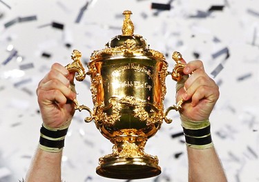 A view shows the Webb Ellis Cup, held up by New Zealand captain Richie McCaw (not pictured) after they beat France to win the Rugby World Cup final match at Eden Park in Auckland on Oct. 23, 2011. (REUTERS)