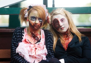Skye Fraser and Kailey Kuprajanec take part in the Zombie Walk in St. Catharines, Ont. on Oct. 22, 2011.  (JULIE JOCSAK/QMI AGENCY)