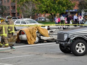 Two women were killed in a horrific crash at The Queensway and Hurontario in Mississauga Oct. 24, 2011. (DAVID RITCHIE PHOTO)