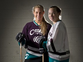 Jayme Simzer (left) and Carrie Lugg play for the Ottawa Ice of the National Ringette League.