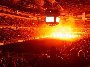 Pyrotechnics kicked off the Canadian Finals Rodeo's evening performance at Rexall Place on Nov. 12, 2011, in Edmonton, Alberta. The CFR's Saturday evening attendance was measured at 16,622. IAN KUCERAK/EDMONTON SUN/QMI AGENCY