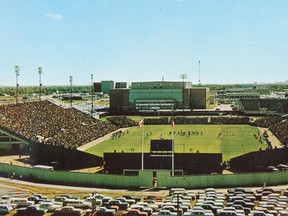 Overhead view of Winnipeg Stadium and Winnipeg Arena during the Pan-American Games in 1967.
(Archives of Manitoba: Barbara Johnstone Collection #86)
Photo ARCHIVES OF MANITOBA BARBARA JOHNSTONE COLLECTION/11/17/11