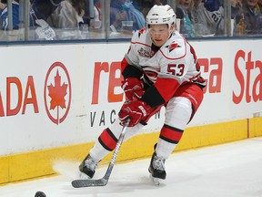 Hurricanes forward Jeff Skinner handles the puck in a game against the Maple Leafs at the Air Canada Centre in Toronto, Ont., Dec. 28, 2010. (CLAUS ANDERSON/Getty Images/AFP)