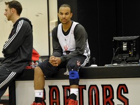 Toronto Raptors guard Jerryd Bayless watches teammates workout during a team practice. (REUTERS)