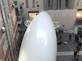 The University of Manitoba announced on Mon., Dec. 19, 2011, an airship research collaboration with Red River College, Buoyant Aircraft Systems International and Manitoba Hydro. The 80-foot long single-pilot airship was shown off in the atrium of the Engineering and Information Technology Complex at the U of M.
JASON HALSTEAD/WINNIPEG SUN QMI AGENCY