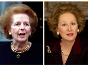 Former Prime Minister Lady Thatcher (L) is shown in this 1997 file photo combined with a publicity photo of actress Meryl Streep portraying Thatcher in her new film. (REUTERS/Russel Boyce/Files and handout)