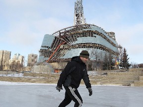 Adam Kyraly, a resident of Budapest, Hungary, skates at The Forks in front of the under-construction Canadian Museum for Human Rights on Thurs., Dec. 15, 2011. Kyraly is visiting relatives in Winnipeg. Officials from The Forks announced Thursday that 1.2 kilometres of trails within Arctic Glacier Winter Park and on the two skating rinks are now open and being groomed daily. Other features including the snowboard park, toboggan run and snowman lane are still being prepared.
JASON HALSTEAD/WINNIPEG SUN QMI AGENCY
Stand alone photo