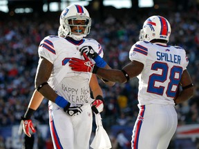 Bills' Steve Johnson celebrates his touchdown against the Patriots on Sunday.