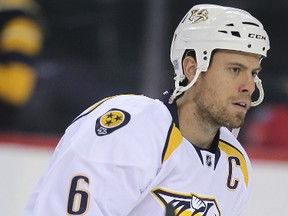 Predators captain Shea Weber skates during the warmup prior to facing the Flames at the Scotiabank Saddledome in Calgary, Alta., Oct. 22, 2011. (AL CHAREST/QMI Agency)
