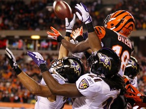 Bengals wide receiver A.J. Green can't make the catch under pressure from Ravens cornerbacks Lardarius Webb (right) and Chris Carr in Cincinnati, Ohio, Jan. 1, 2012. (JOHN SOMMERS II/Reuters)