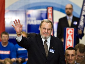 Conservative MP Peter Goldring waves during Prime Minister Stephen Harper's brief campaign stop just south of Edmonton at Ecole Bellevue School in Beaumont, Alta., March 28, 2011. AMBER BRACKEN/EDMONTON SUN